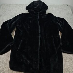 Dennis‎ Basso Womens Black Faux Fur Hooded Coat XL With Original Coat Bag NWOT